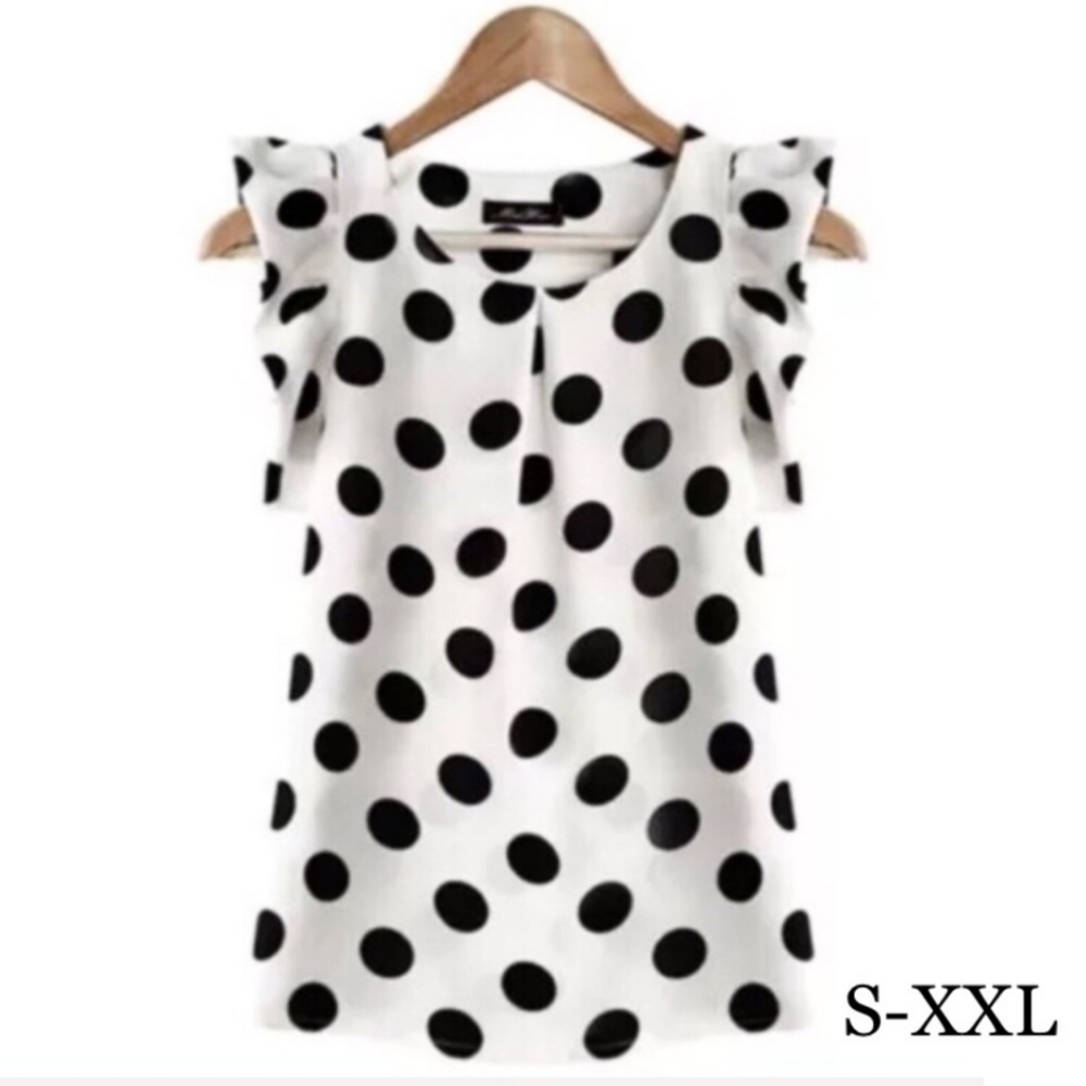 White Chiffon Polka Dot Flutter Sleeve Top S-XXL